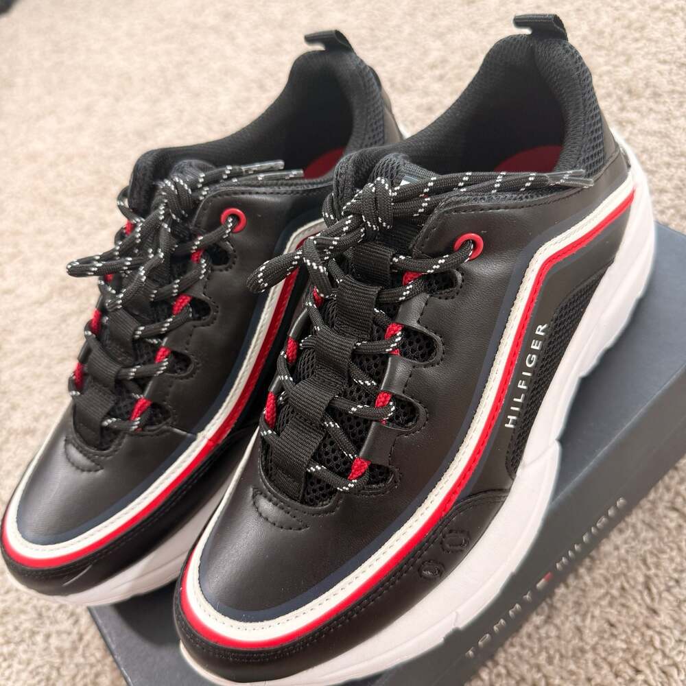 Tommy Hilfiger Chunky Platform Sneakers Womens 7.5 Black‎ Red White Trainers EUC